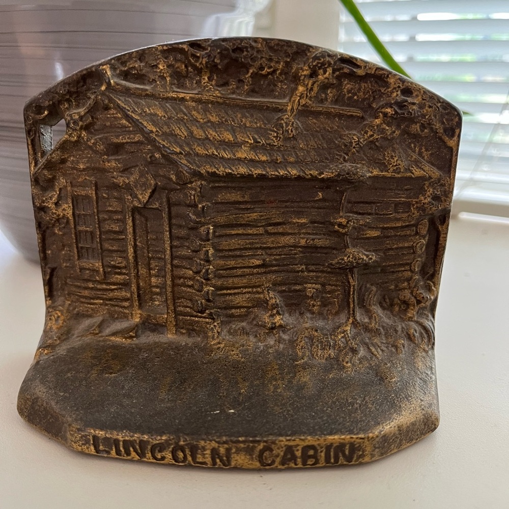 ANTIQUE USA LINCOLN CABIN JUDD 9673 CAST IRON ART STATUE SCULPTURE BOOK BOOKEND